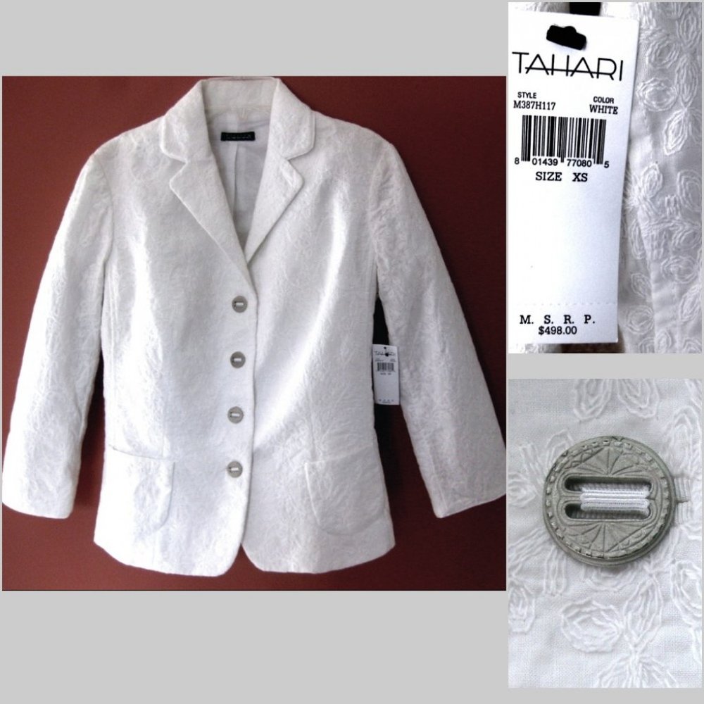 NWT White Tahari jacket XS $498 Embroidered Pure cotton Lined Back detail Blazer
